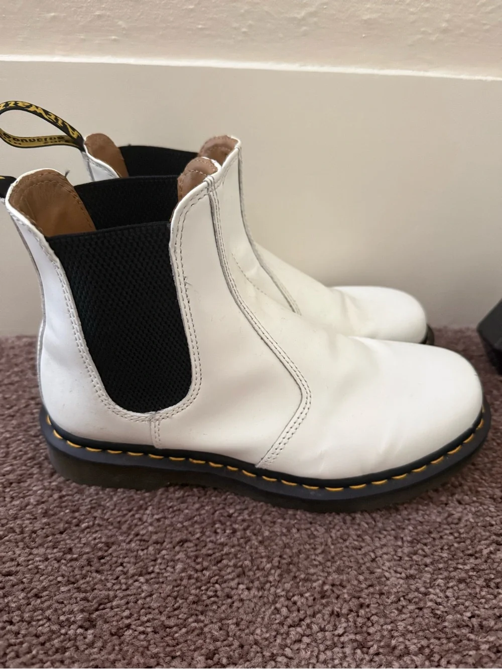 Doc Marten’s  White Leather Platform Boots with Yellow Welt Stitching